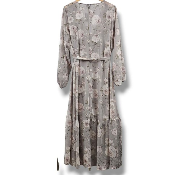 Torrid Maxi Dress Floral Long Sleeve 1X Gray Beige Tiered Chiffon Lined Boho NEW - Picture 3 of 12